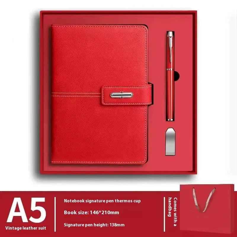 A5 notebook with PU leather cover in choice of colour, shown open on wood-free paper pages.