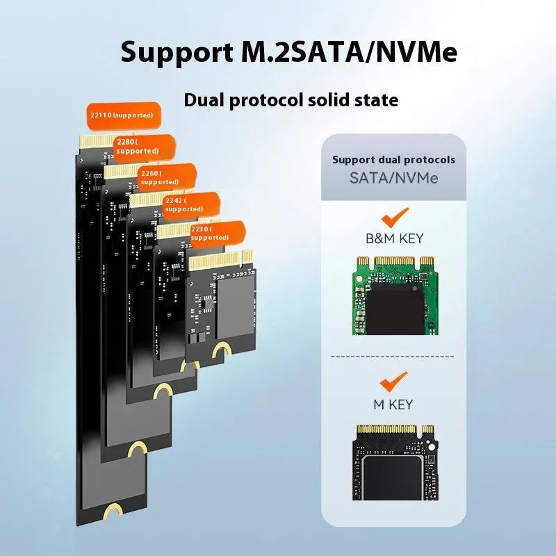 Black external hard drive enclosure for NVMe solid state drives with USB Type-C port