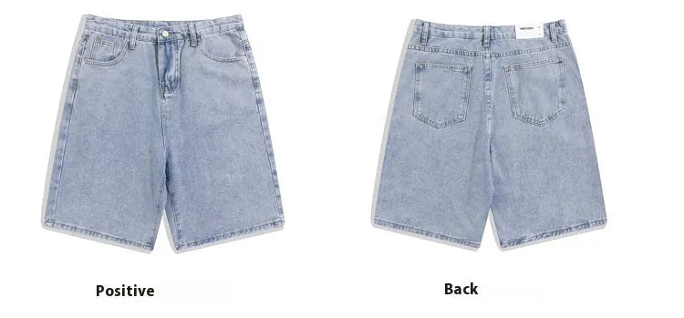 Men's light blue denim shorts with a straight-leg, five-point design and zipper fly.