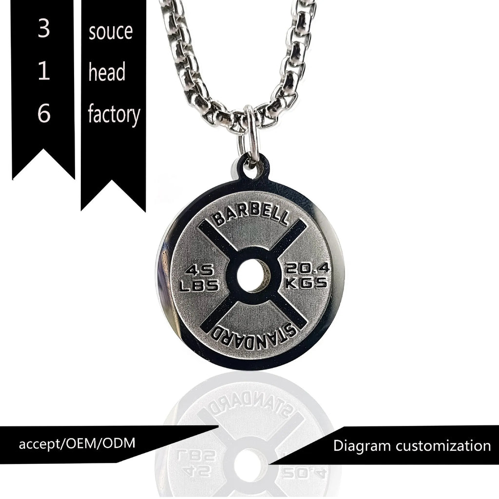 Stainless steel barbell disk sports necklace with geometric pendant on 60cm chain