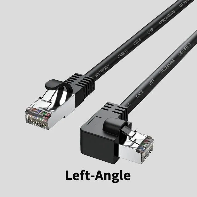Cat6 Ethernet cable with right-angle metal RJ45 connector in black, available in multiple lengths