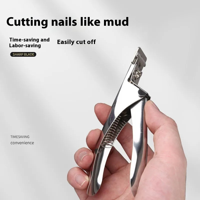 French U-shaped stainless steel nail art scissors shown in black, titanium, and silver handle finishes.