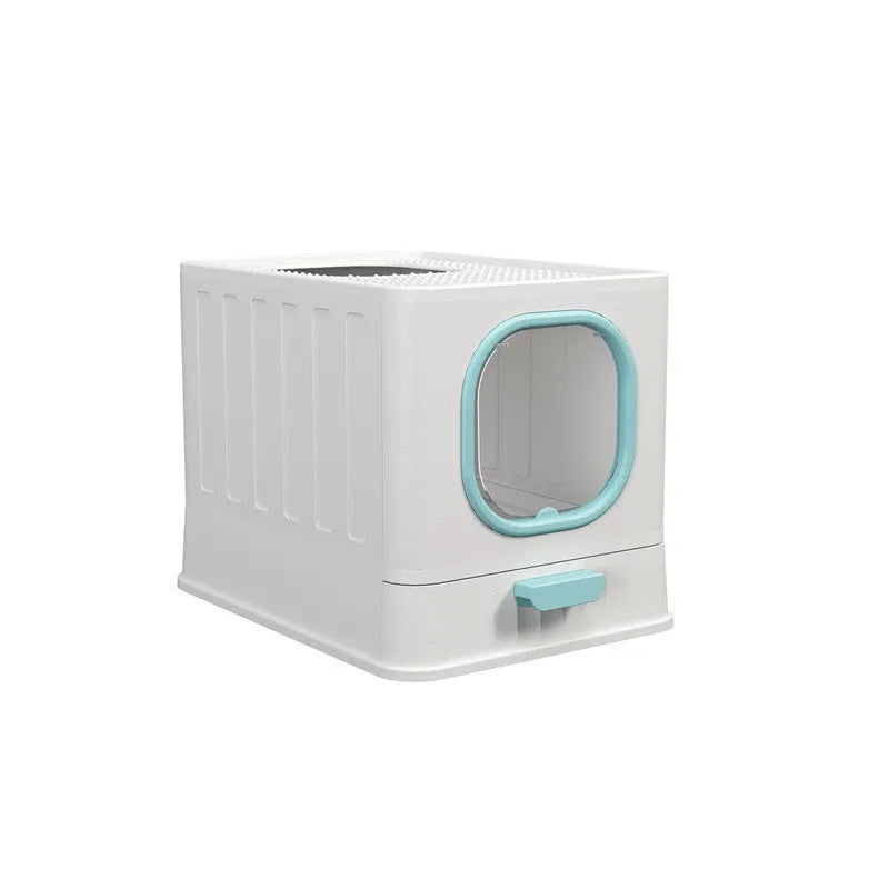 Fully enclosed plastic folding cat litter box in avian green, 51x38x39cm, with top closure