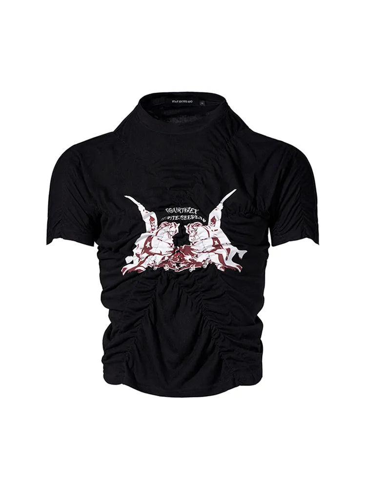 Black men's slim fit T-shirt with printed pattern, short sleeves and round neck collar