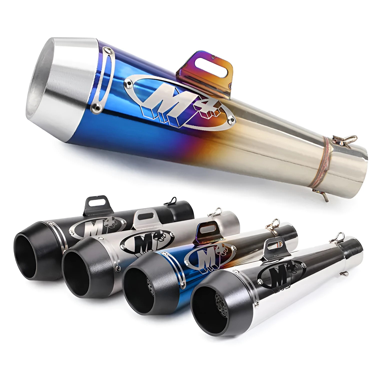 M4 universal motorcycle exhaust pipe in black finish, showing mounting hardware for large displacement bikes.