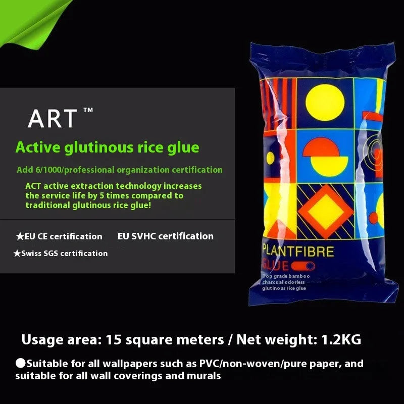 Three rolls of clean-smell glutinous rice wallpaper glue (Glue E) on a white background.