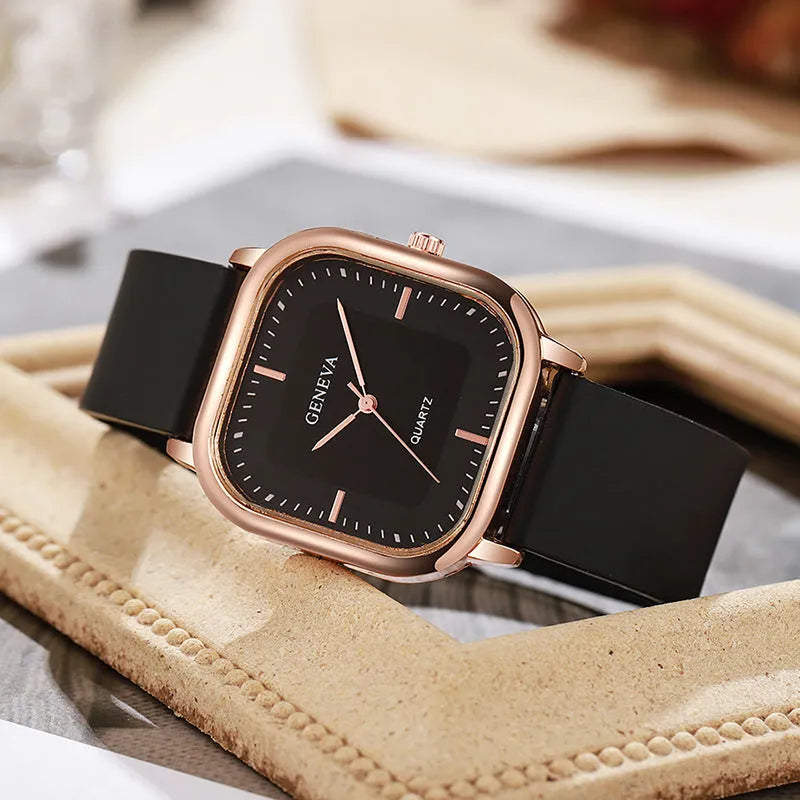 Women's square dial quartz watch with rose gold finish, 30mm alloy case, and green plastic strap