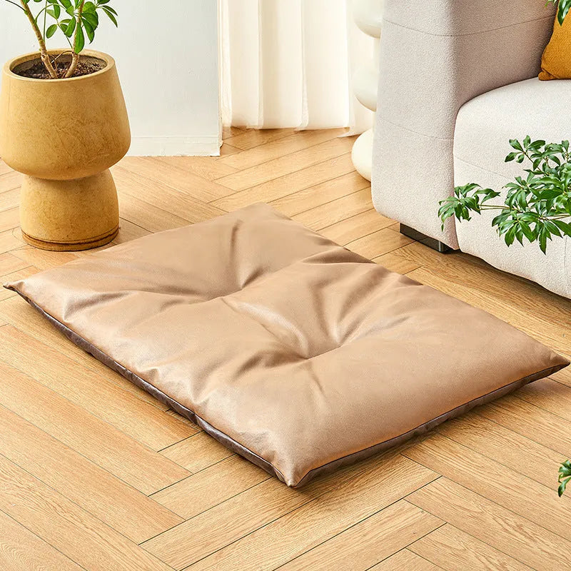 Blue and coffee coloured cool summer pet sleeping mat for cats and dogs shown in four different sizes.