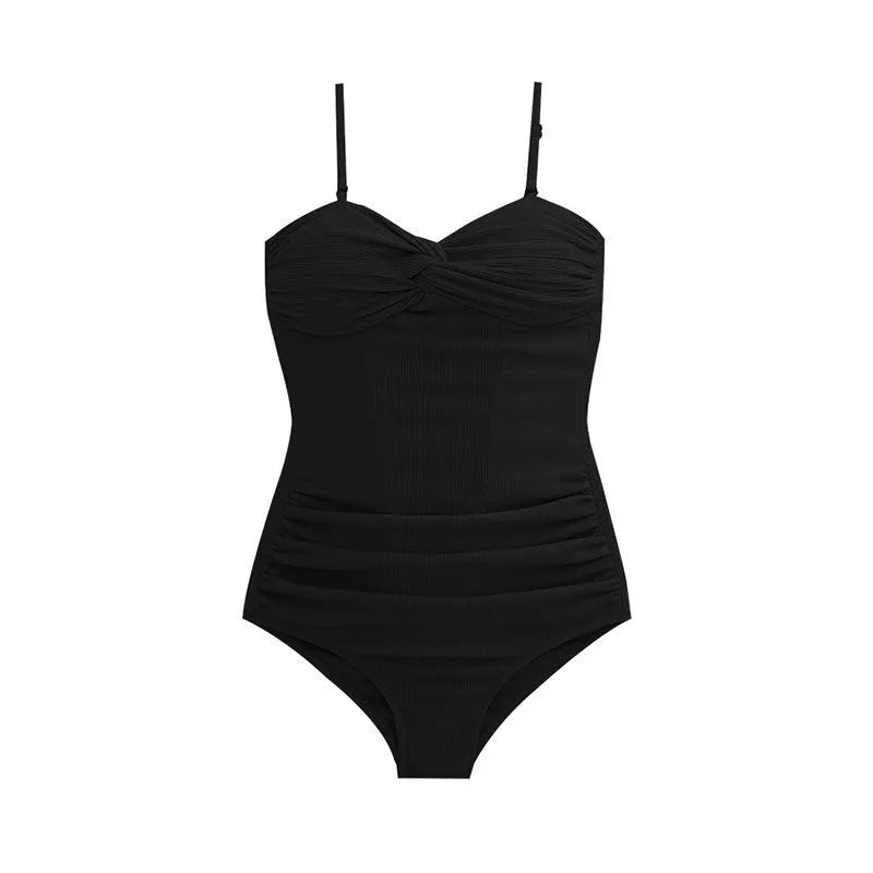 Women's black suspender-style one-piece swimsuit with high-waisted design