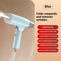 Blue and white handheld garment steamer with 1300W power rating and mechanical controls