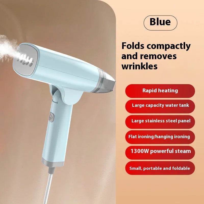 Blue and white handheld garment steamer with 1300W power rating and mechanical controls