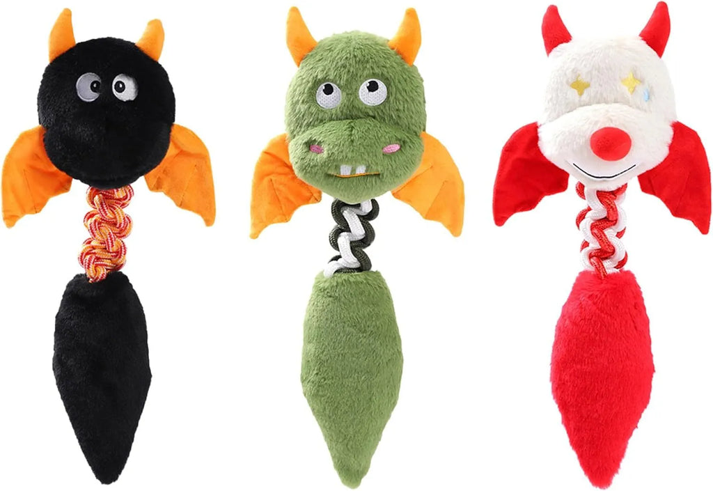Soft rabbit fleece plush dog toy with a rope knot, in red, green, or black, shown with a dog.