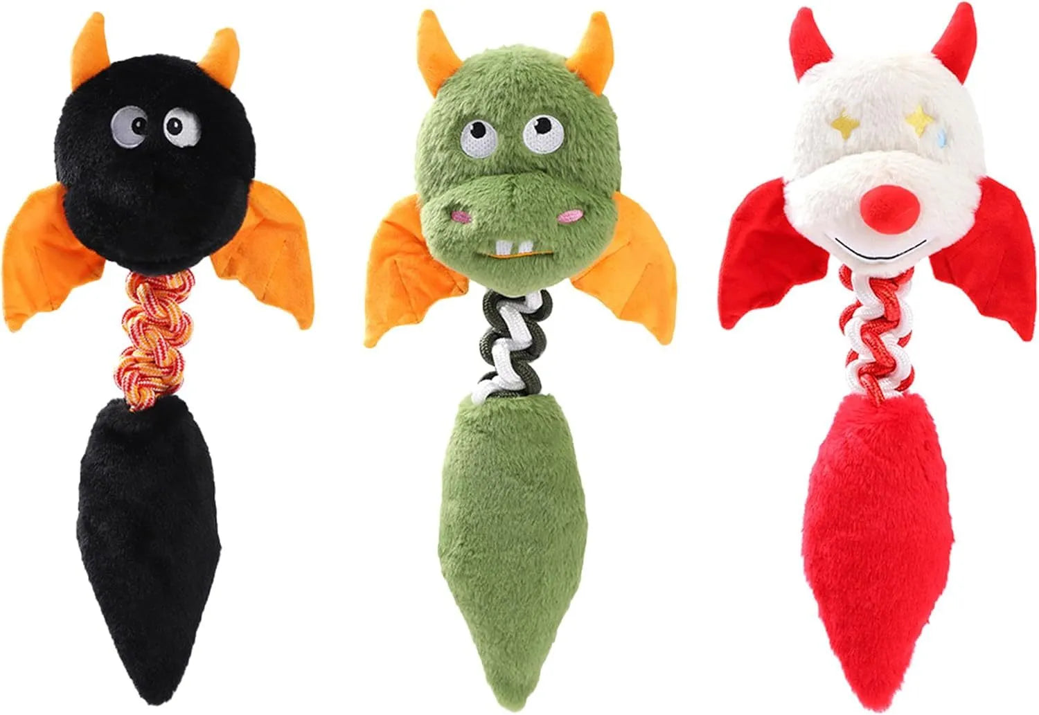 Soft rabbit fleece plush dog toy with a rope knot, in red, green, or black, shown with a dog.