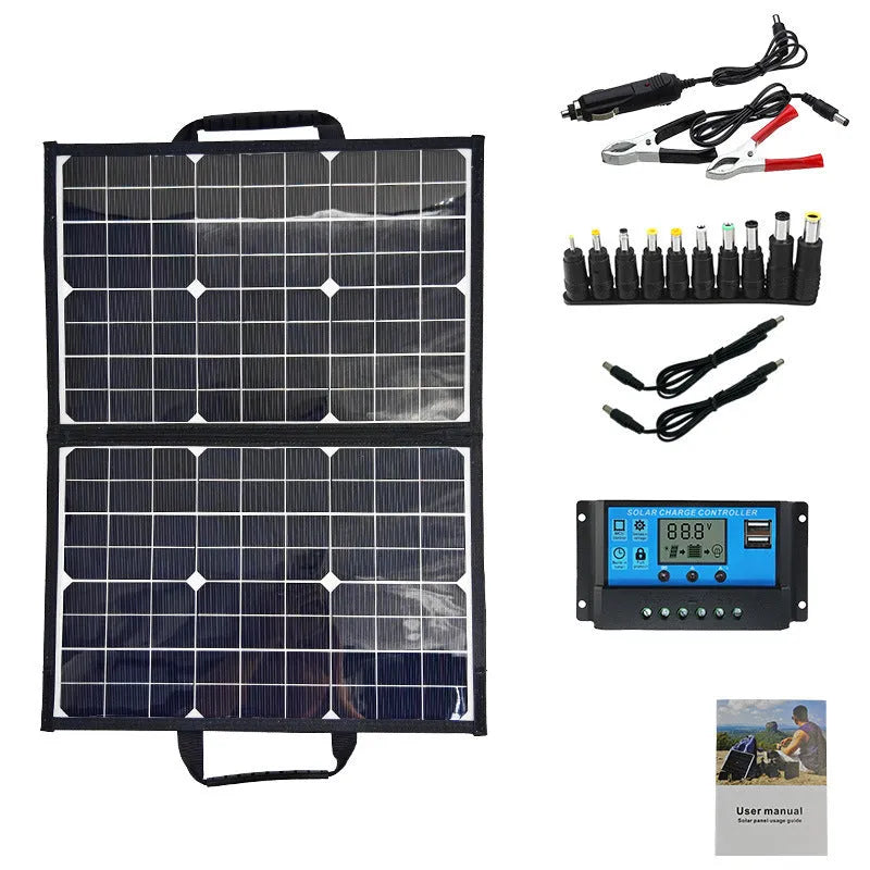 Black folding 40-watt monocrystalline solar panel bag shown both open and closed to 8cm thickness.