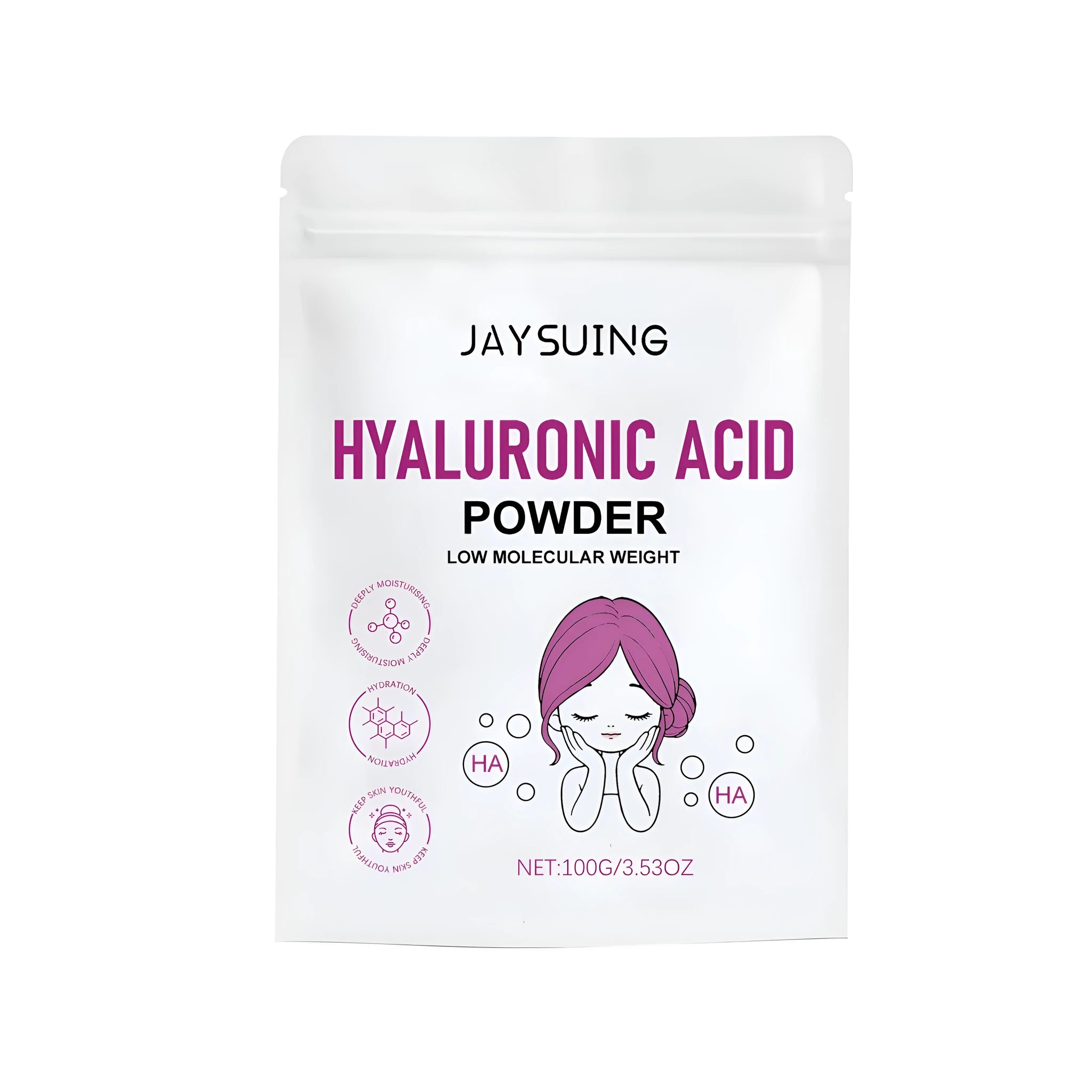 A jar of 100g hyaluronic acid powder with a facial mask accessory for DIY skincare.