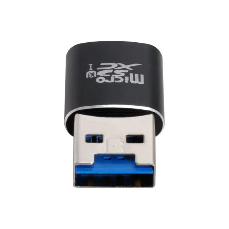 Black USB 3.0 card reader for SD and microSD memory cards on a white background.
