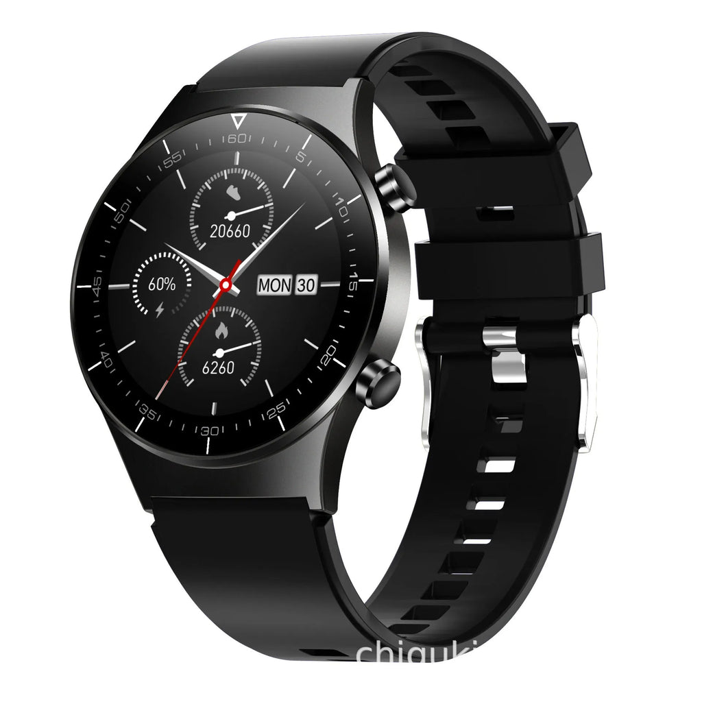 Black sports smartwatch with 1.28-inch glass touchscreen display on TPU wrist strap