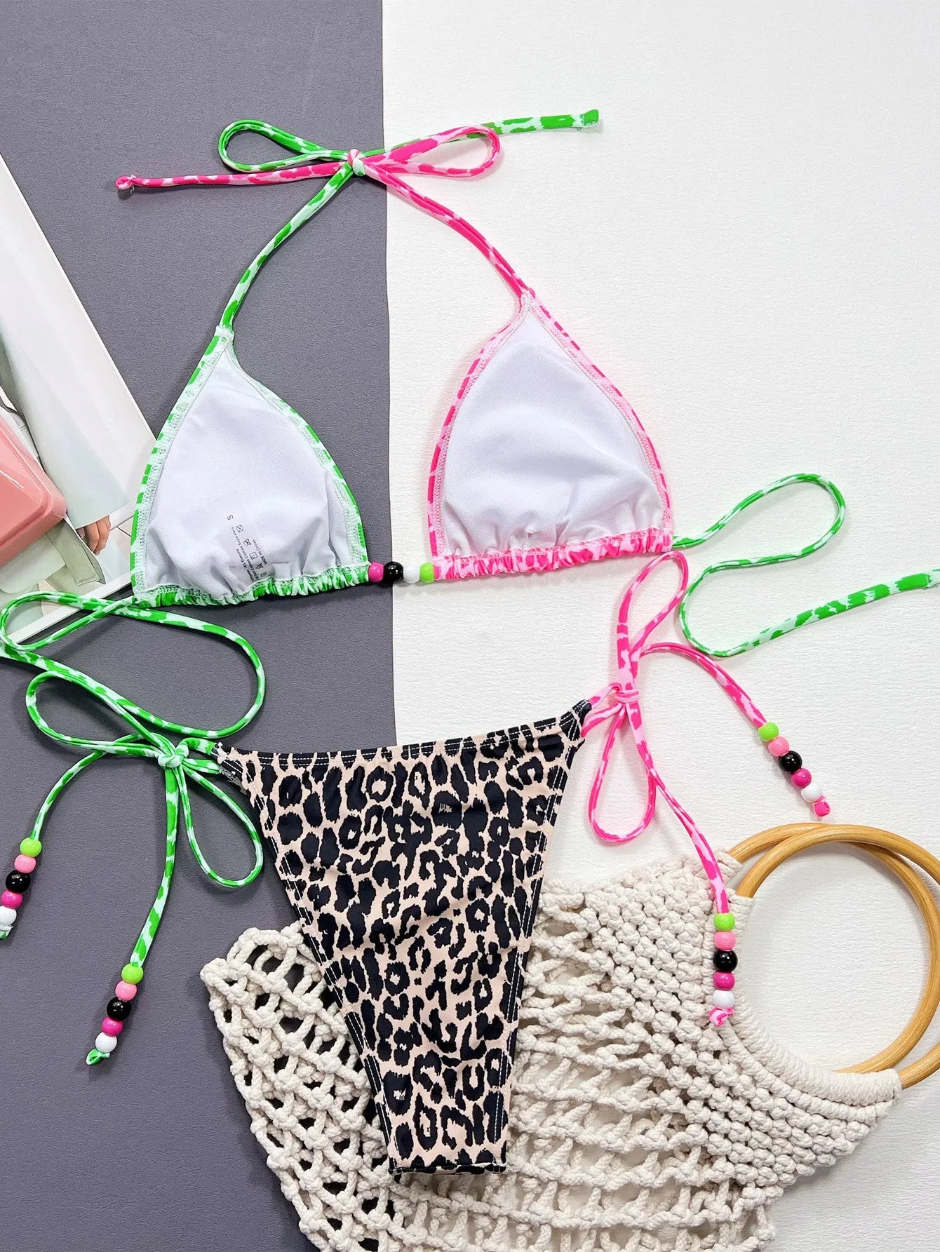 Women's leopard print bikini swimsuit with split briefs design