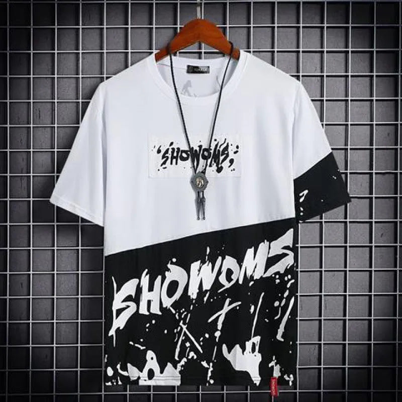 Men's loose fit hip hop polyester printed short sleeve t-shirt with graffiti design in black and white