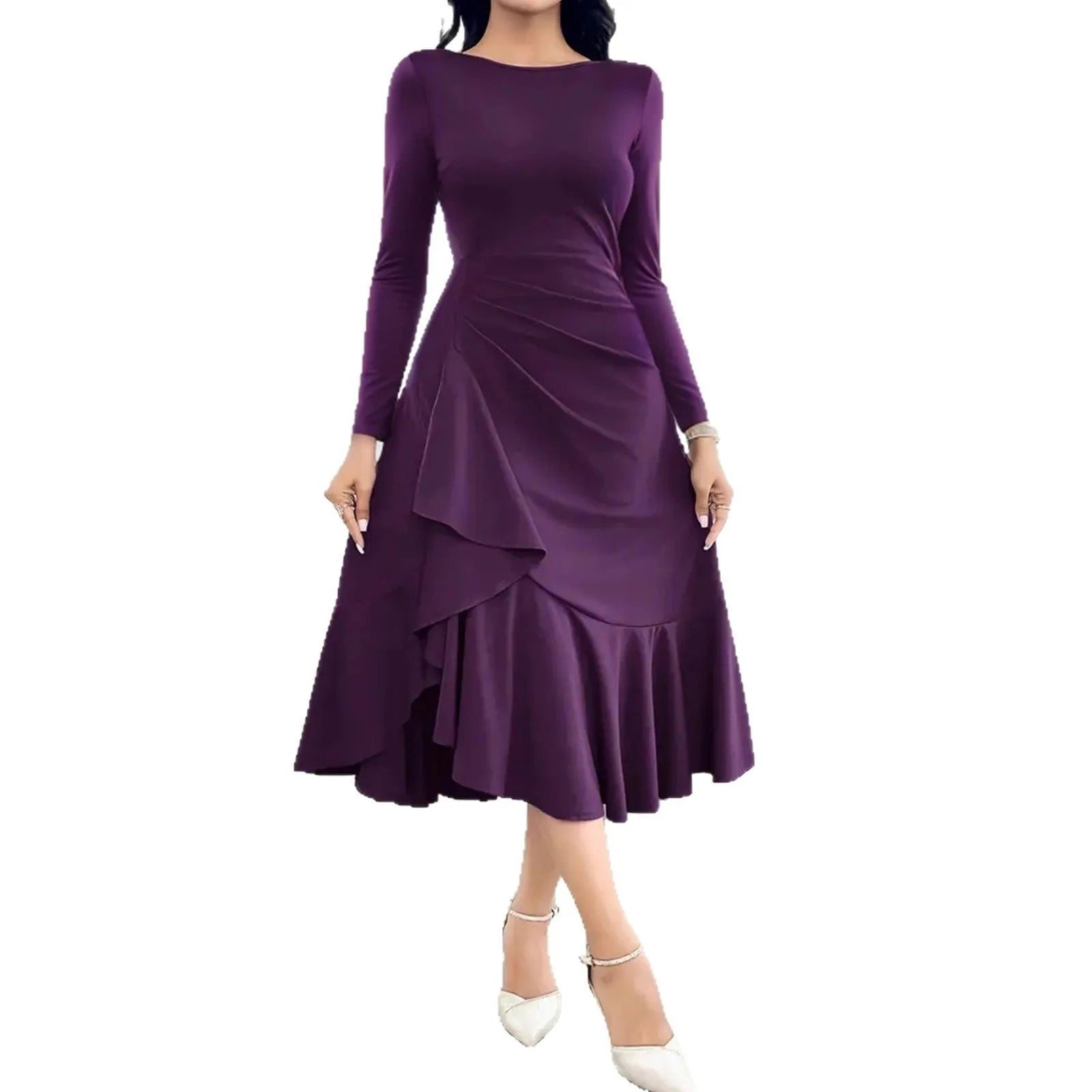 Purple women's long sleeve round neck dress with mid waist and ruffle detailing