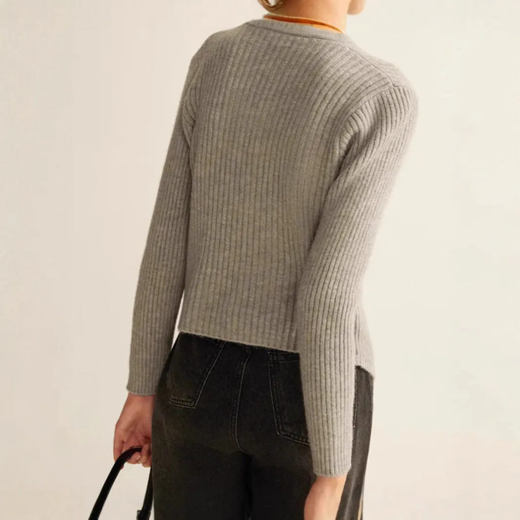 Silver yuan collar loose fit cardigan sweater on a hanger, Japanese Korean casual style.