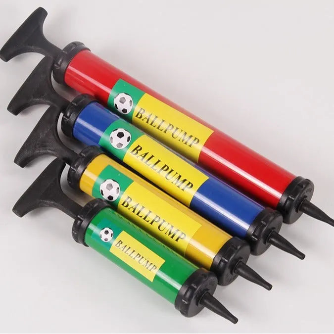 A manual plastic pump for inflating balloons and sports balls, shown in mixed colours.