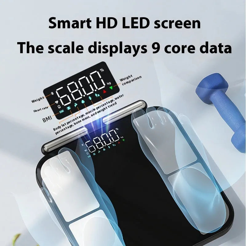 Black electronic bathroom scale with 30x30cm tempered glass platform and colour screen display