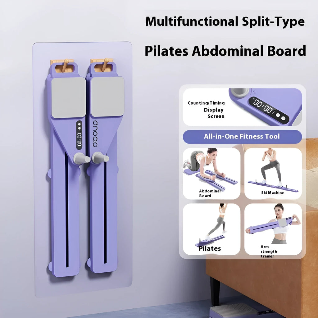 A compact purple split skiing machine trainer folded on a wooden floor, showing its 85cm length and PP construction.