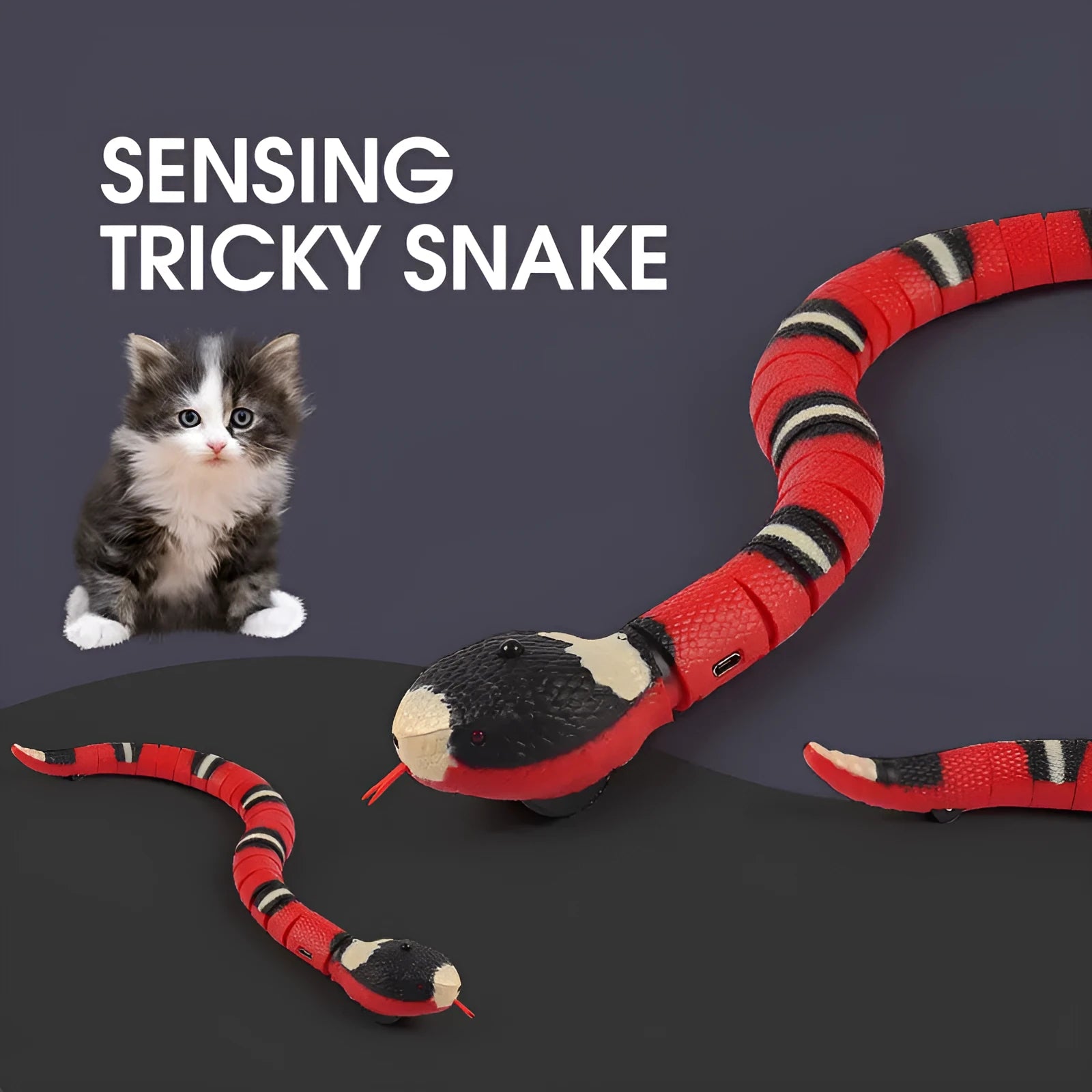 USB rechargeable automatic snake cat toy with segmented plastic body and smart sensing technology