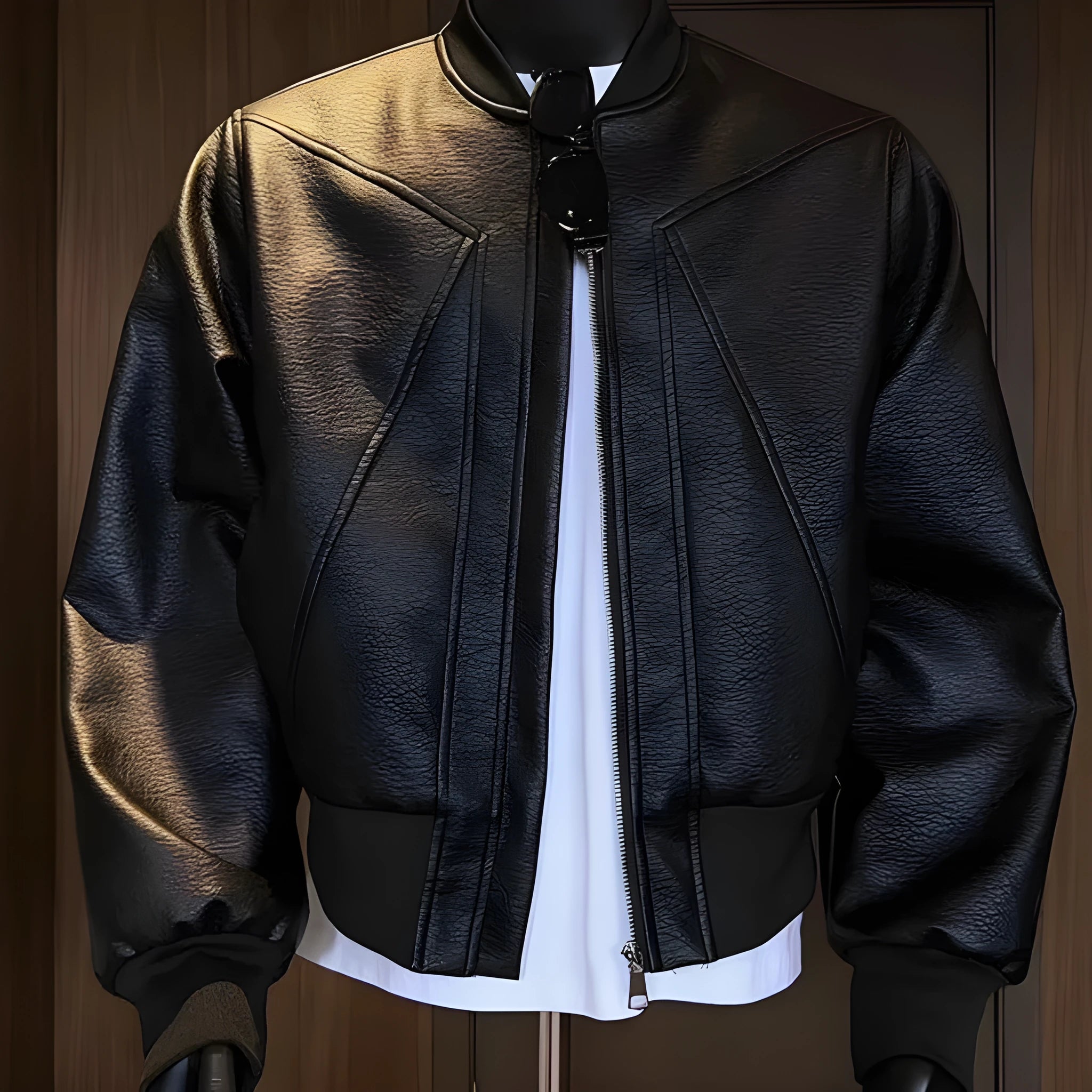 Men's black extended length PU leather jacket on a hanger, showing tight fit and 100cm length.