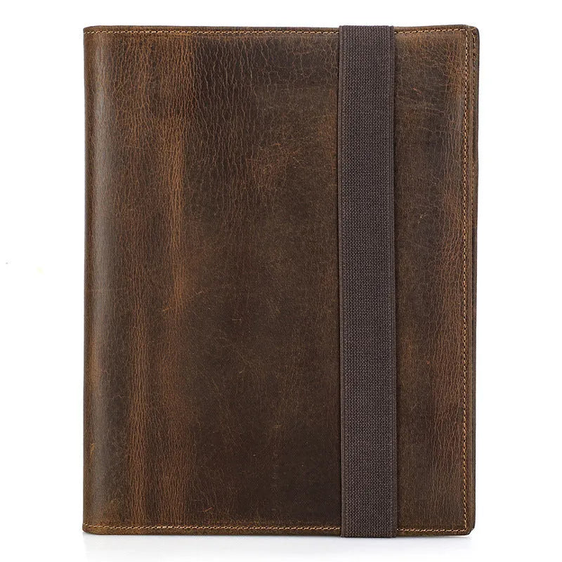 Brown Crazy Horse leather A5 notebook protective sleeve with square socket-type design