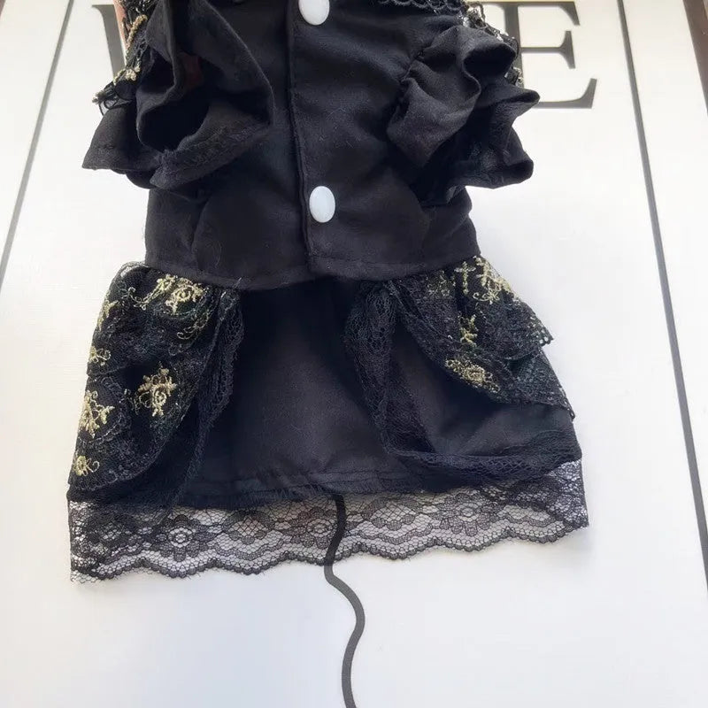 Golden gothic-style skirt for a small dog or cat on a mannequin, showing princess design.