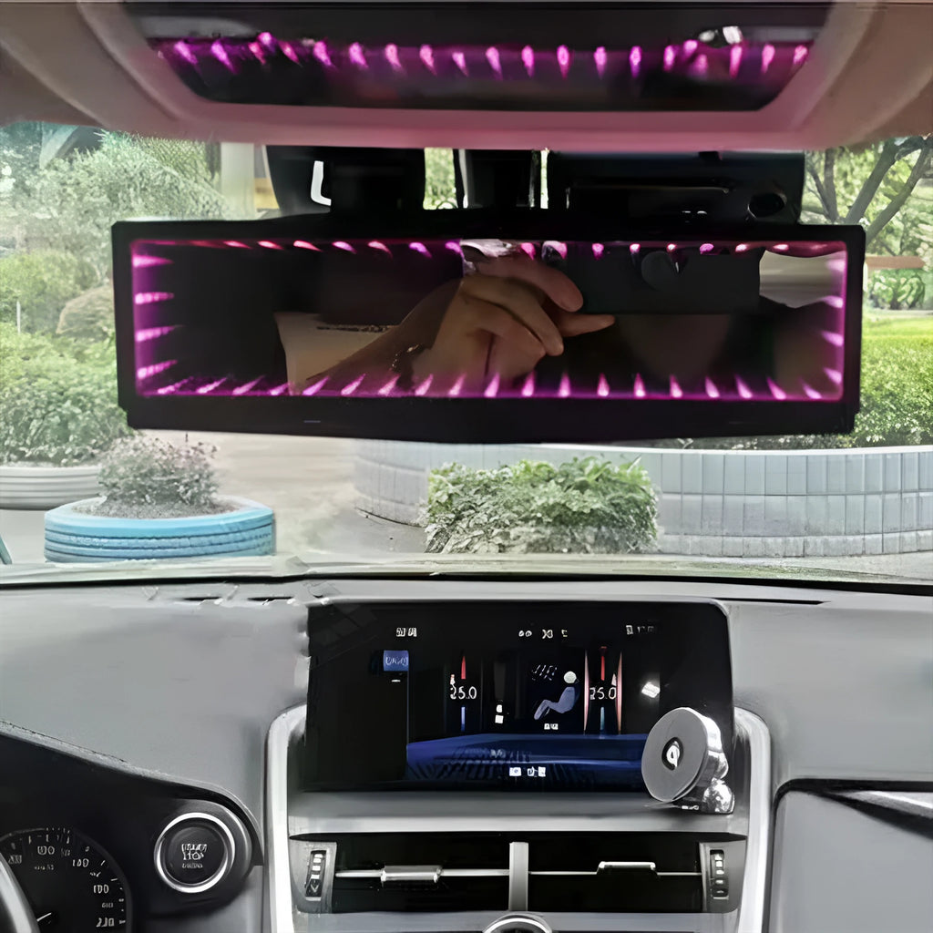 Blue flat car rearview mirror with wide 280mm anti-glare surface and built-in LED lighting.