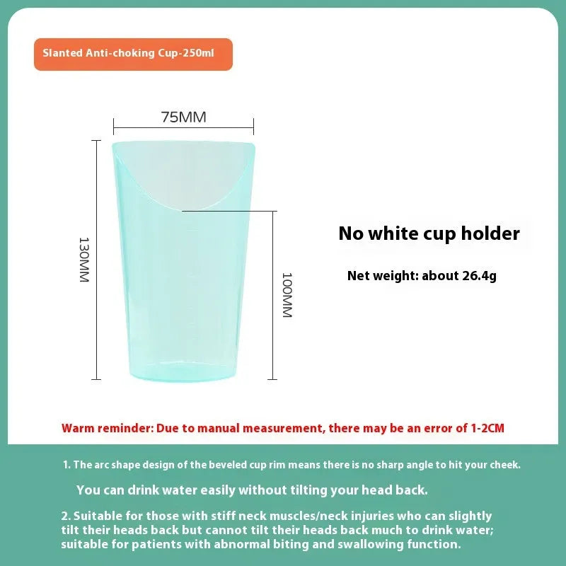 Oblique mouth choke-proof plastic drinking cup with handle and lid for elderly and pregnant adults.