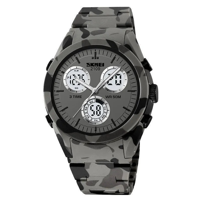 Unisex digital watch with camouflage strap and resin lens, showing time display and stainless steel buttons.