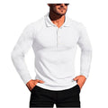 Man wearing a loose-fit black and white striped short sleeve knit shirt with a high elastic collar.