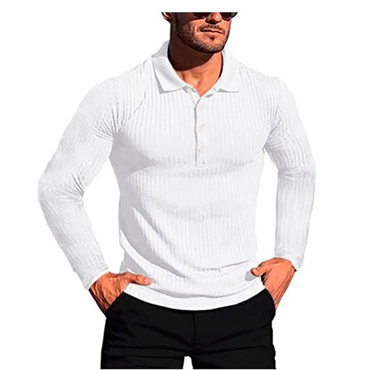 Man wearing a loose-fit black and white striped short sleeve knit shirt with a high elastic collar.
