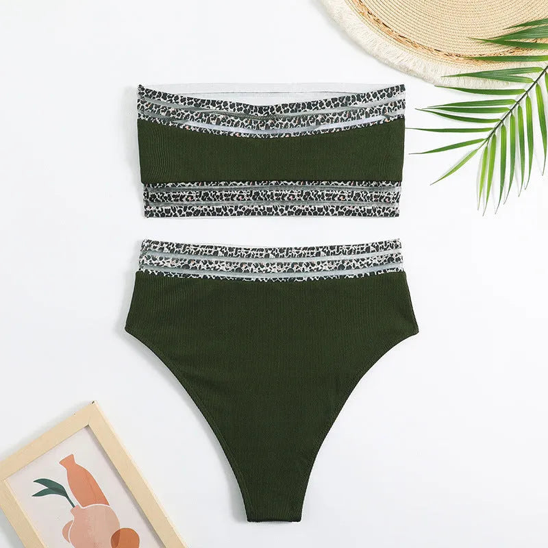 Black leopard print strapless swimsuit with two-piece design on mannequin