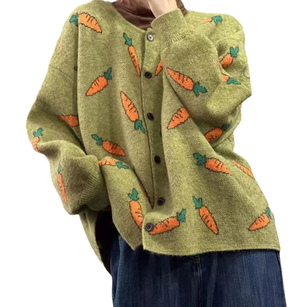 Round neck loose cardigan with Mori artistic colour contrast printing.
