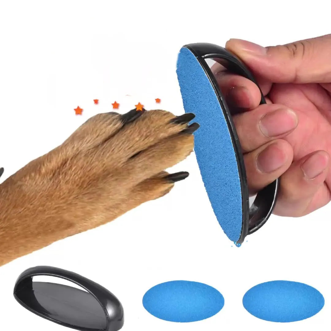 Square dog nail file with ergonomic handle in blue colour on a table