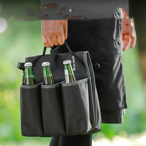 Black and blue orange double-sided bicycle drink bag with 2L capacity made from 600D PVC.