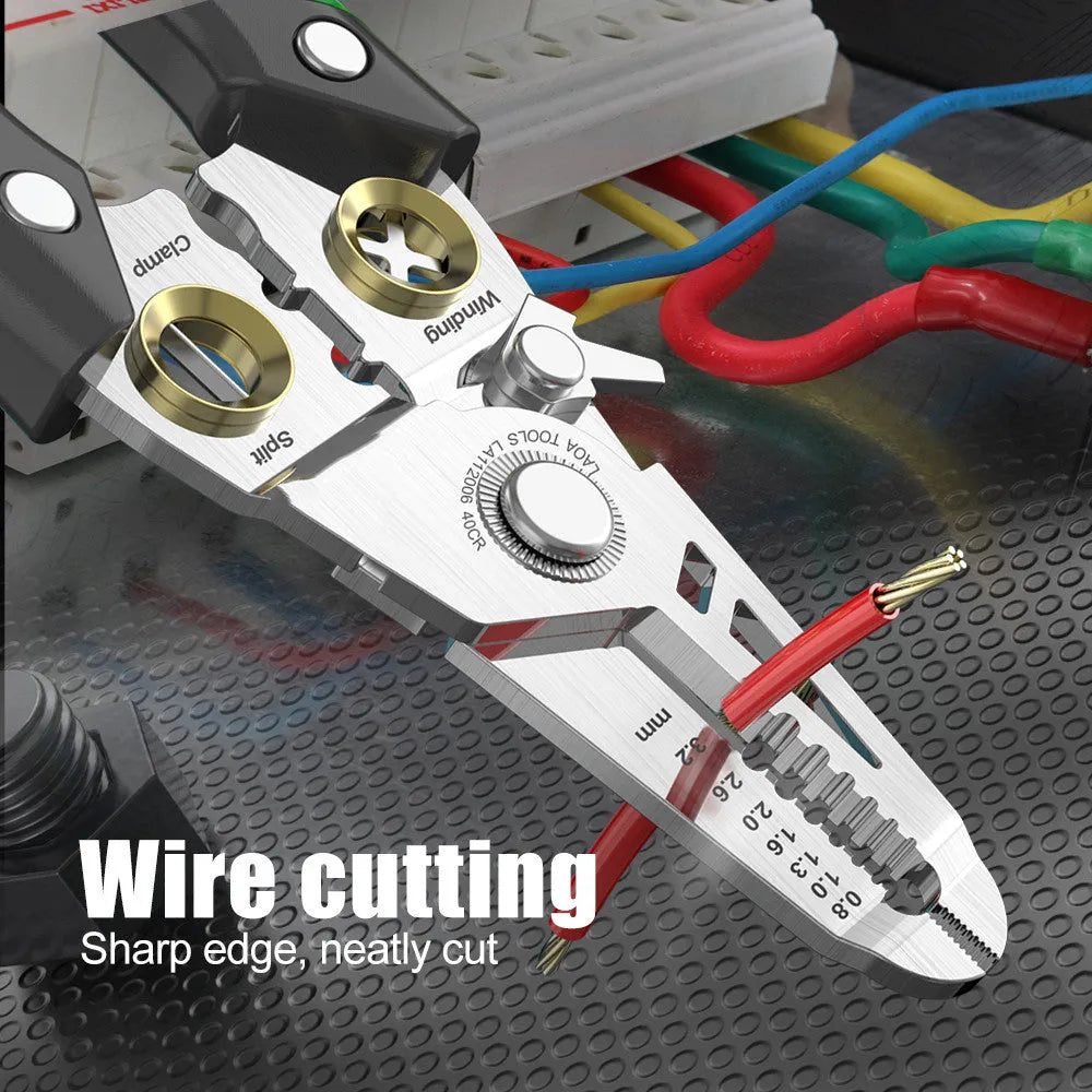 Stainless steel wire stripper with straight handle, ABS grips, and seven stripping ports for 0.8-3.2mm cables