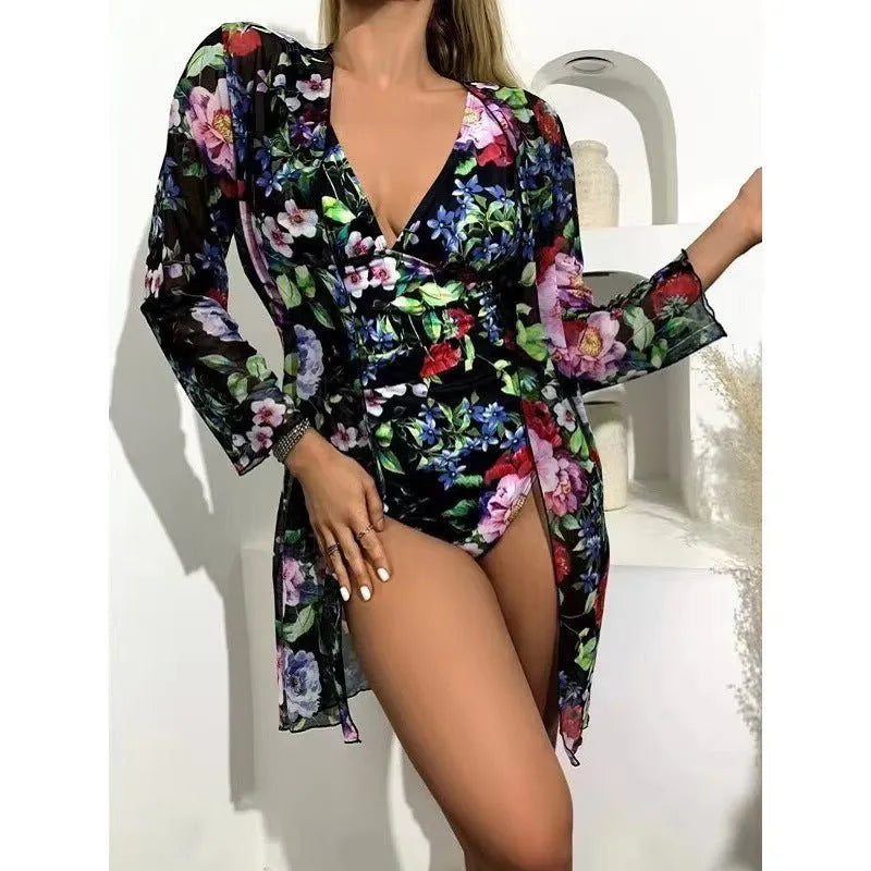 Women's floral patterned bikini and matching coat set in one of seven colour options.