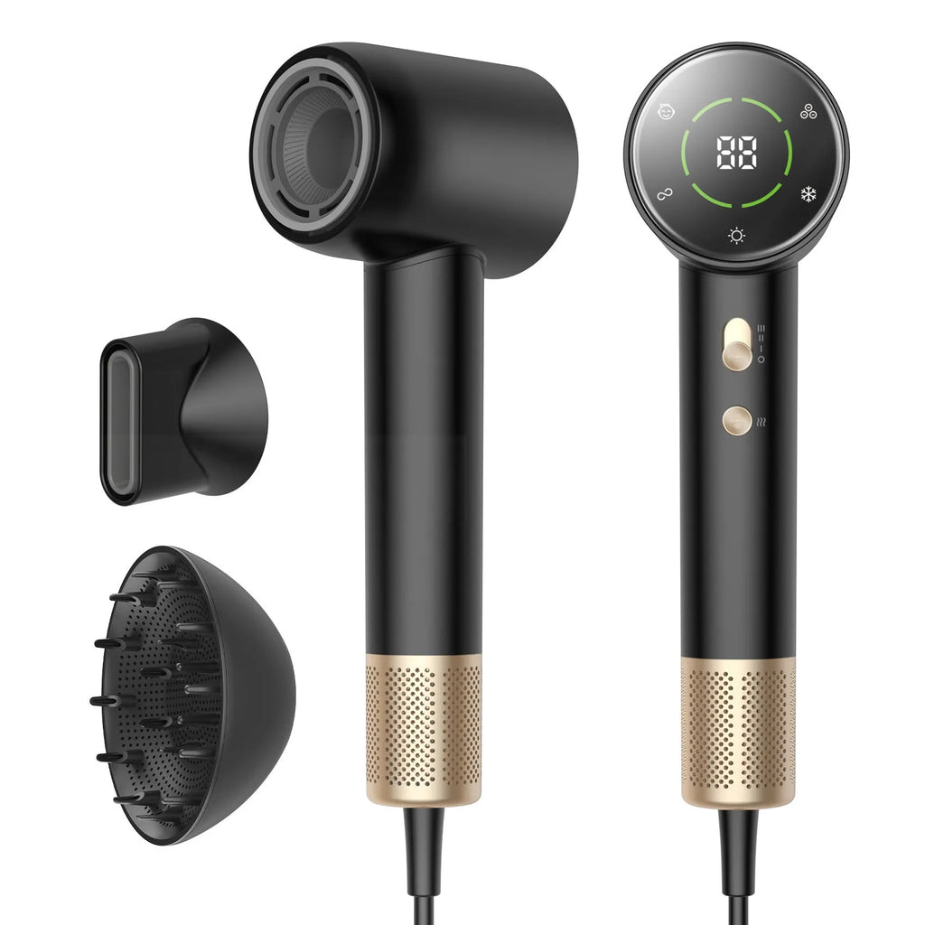 Black gold high-power hair dryer with screen display and brushless motor on neutral background