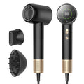 Black gold high-power hair dryer with screen display and brushless motor on neutral background