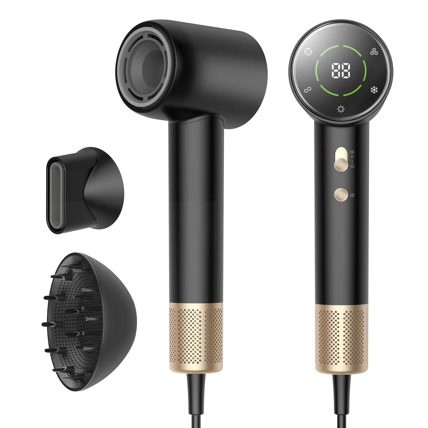 Black gold high-power hair dryer with screen display and brushless motor on neutral background