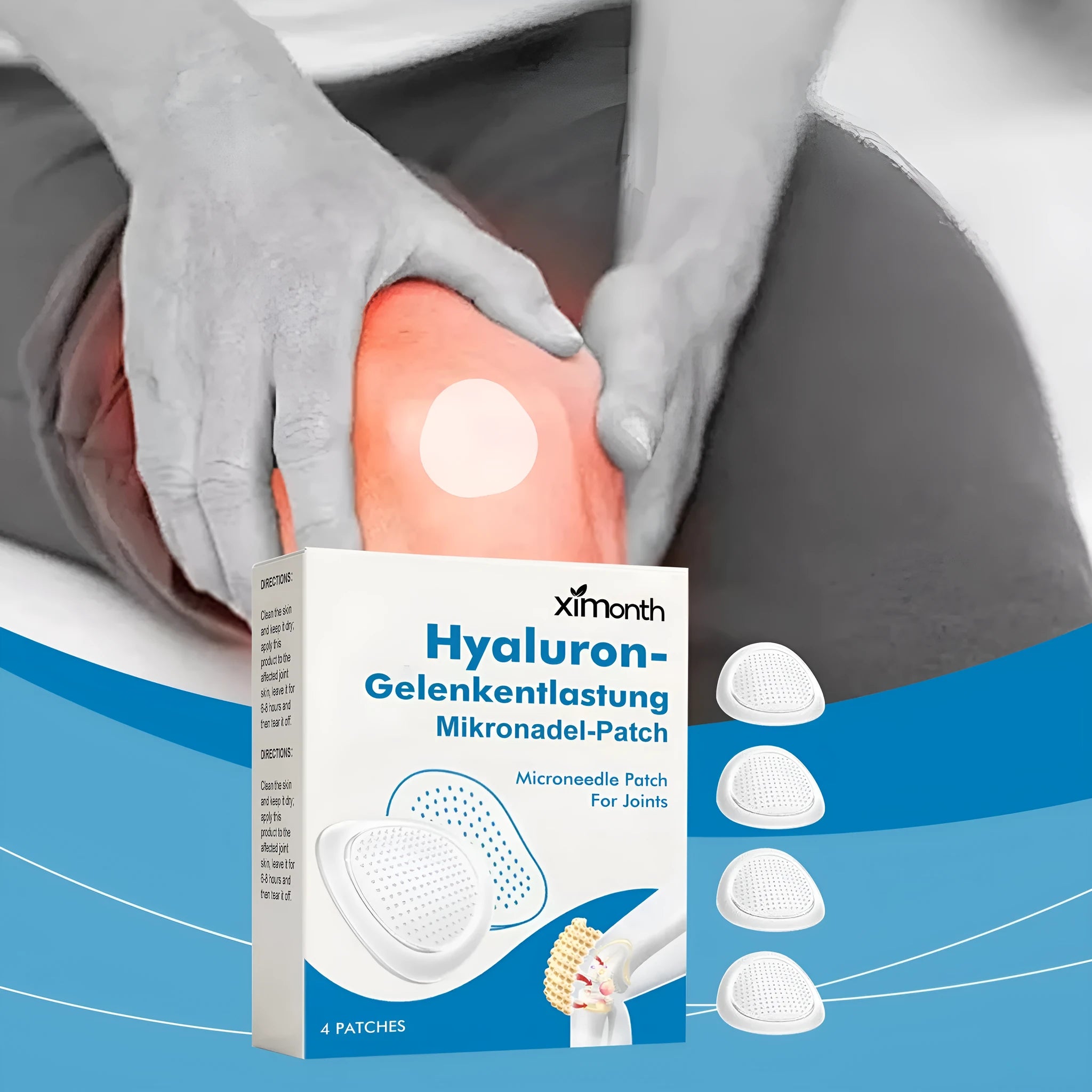 Four hyaluronic acid joint relief microneedle patches with botanical ingredients and PE sticker backing