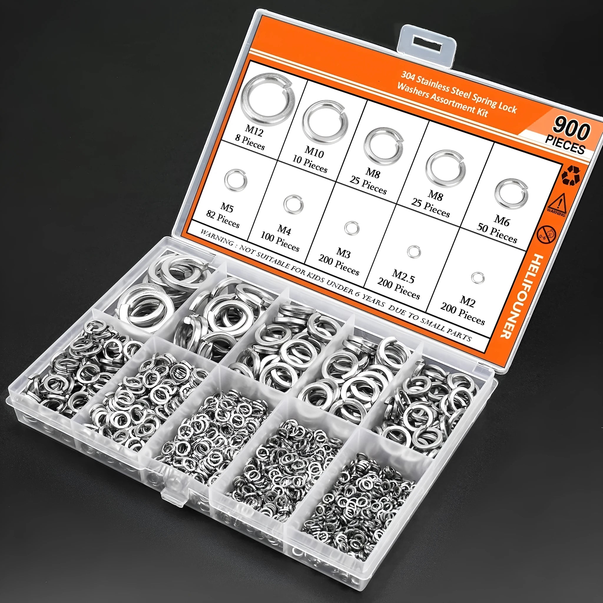 Open box showing assortment of 304 stainless steel spring and flat washers in various sizes.
