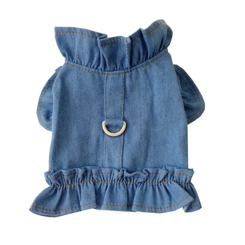 Blue denim dog dress vest with ruffle trim and back leash hook for small dogs