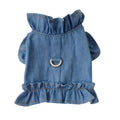 Blue denim dog dress vest with ruffle trim and back leash hook for small dogs